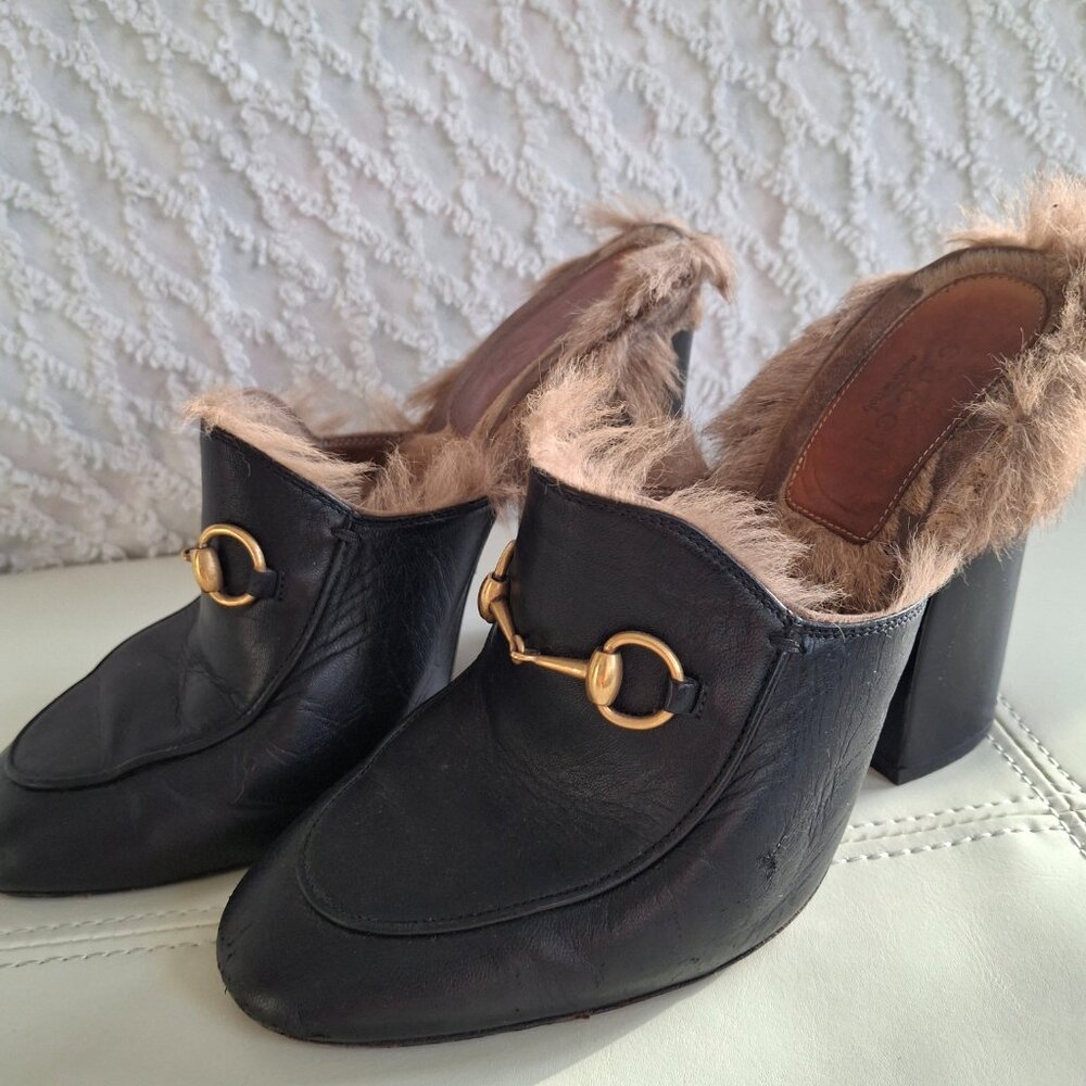 GUCCI Princetown Fur Horsebit Mule Heels Clogs - Picture 3 of 13